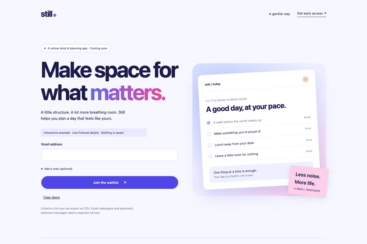 Screenshot of Still — a calmer kind of planning app